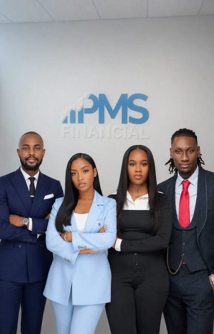 Four professionals posing before PMS Financial logo